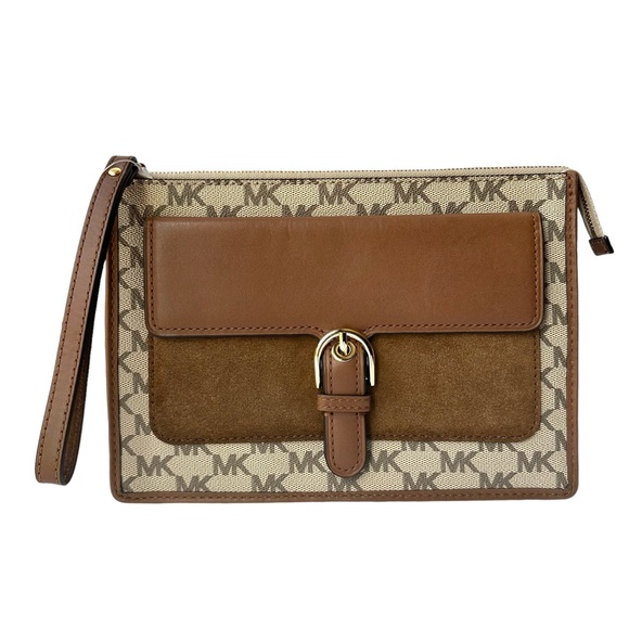 Michael Kors Handbags - NWT MICHAEL KORS COOPER NATURAL LUGGAGE SUEDE SIGNATURE WRISTLET CLUTCH PURSE